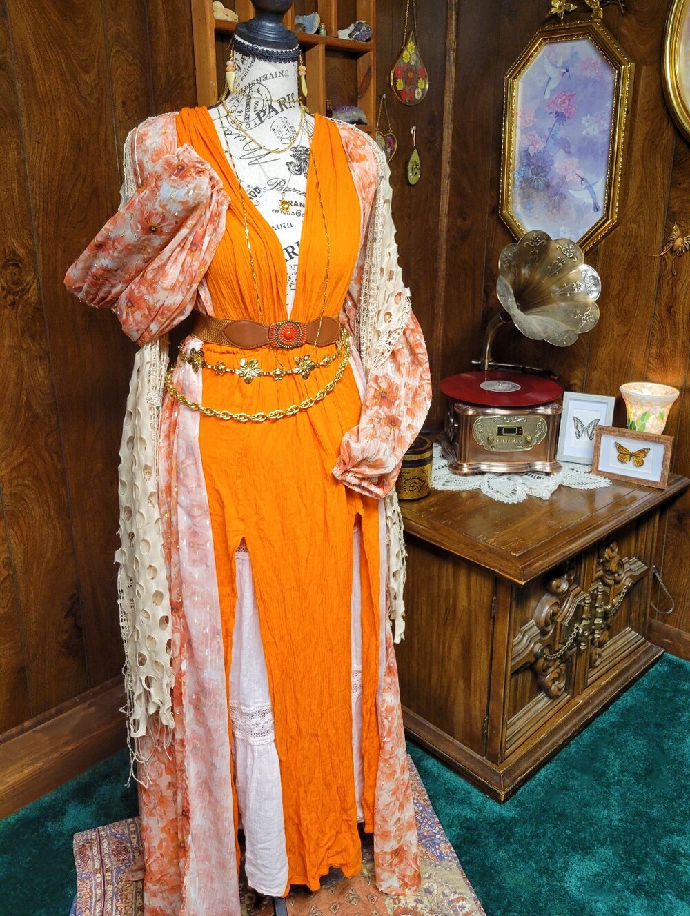 Orange Multi Tie Split Thigh Maxi Dress Whimsy Fantasy Renaissance DnD Larp